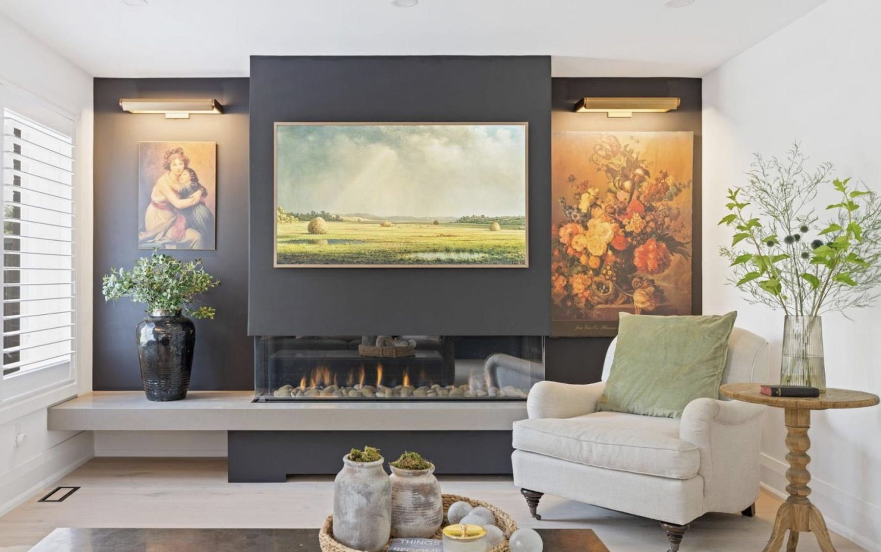 Living room, Fireplace surround with a floating stone hearth and bench