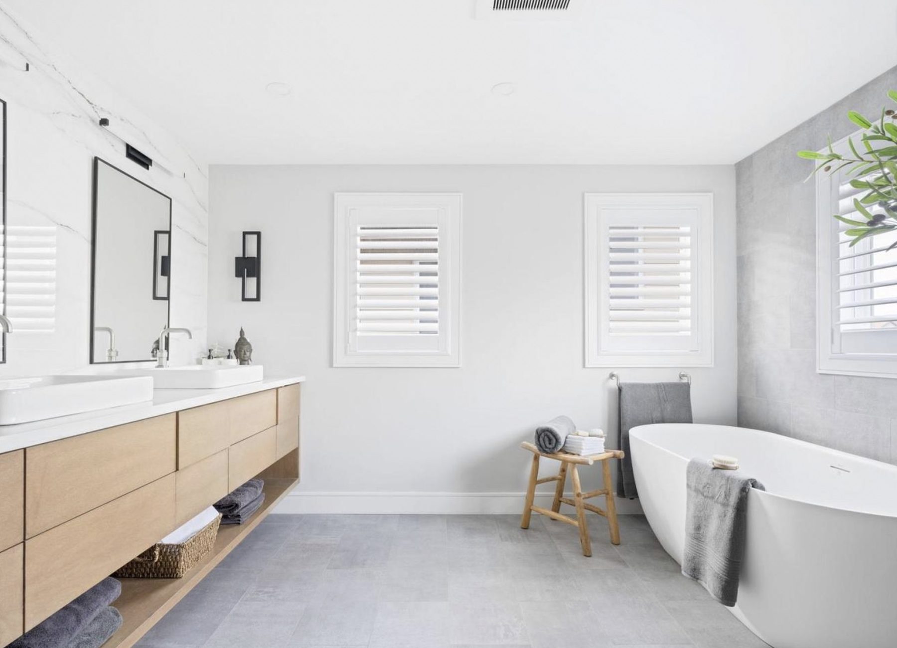 Bathroom, Floating double vanity with an open shelf