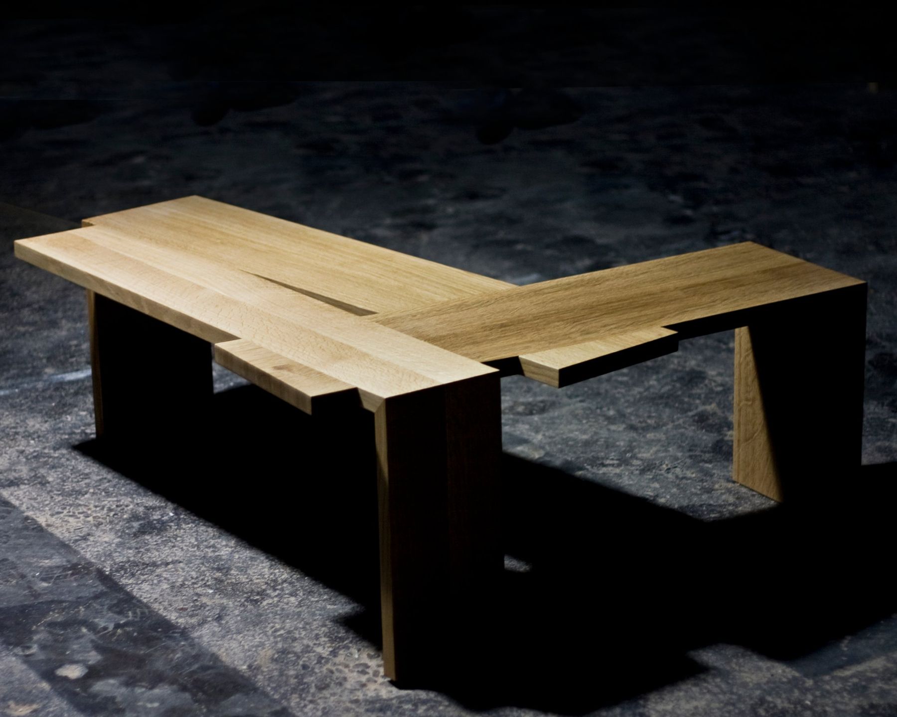 Low table, Offset planks on angled legs