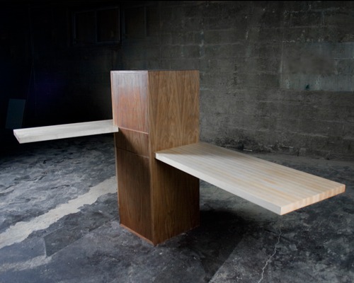 Pedestal bench, Walnut column with two cantilevered butcher-block tops