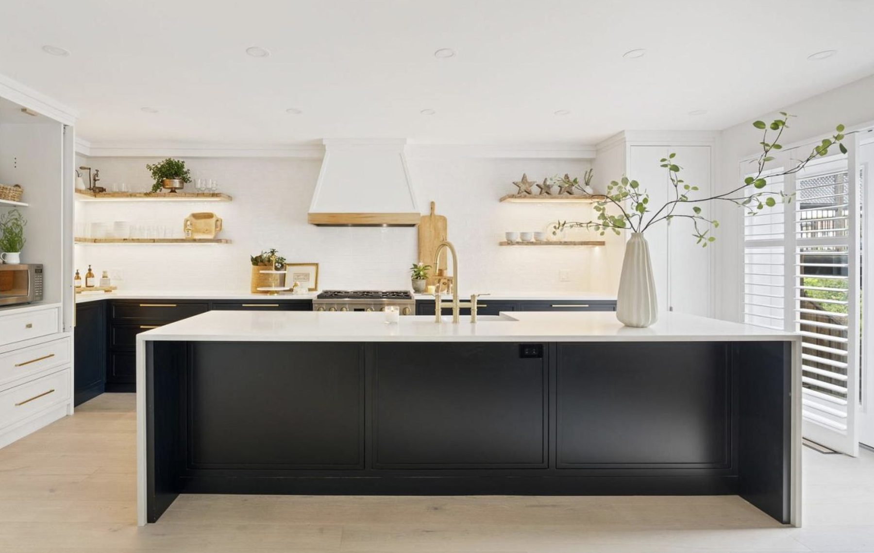 Kitchen, Island and perimeter cabinets, inset doors, floating shelves