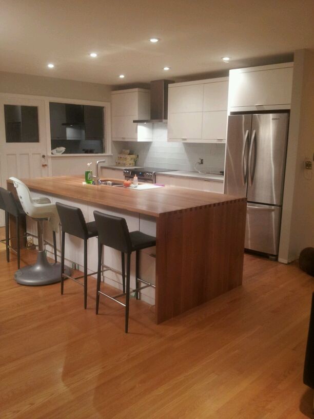 Kitchen, Solid wood waterfall island with finger-jointed corner