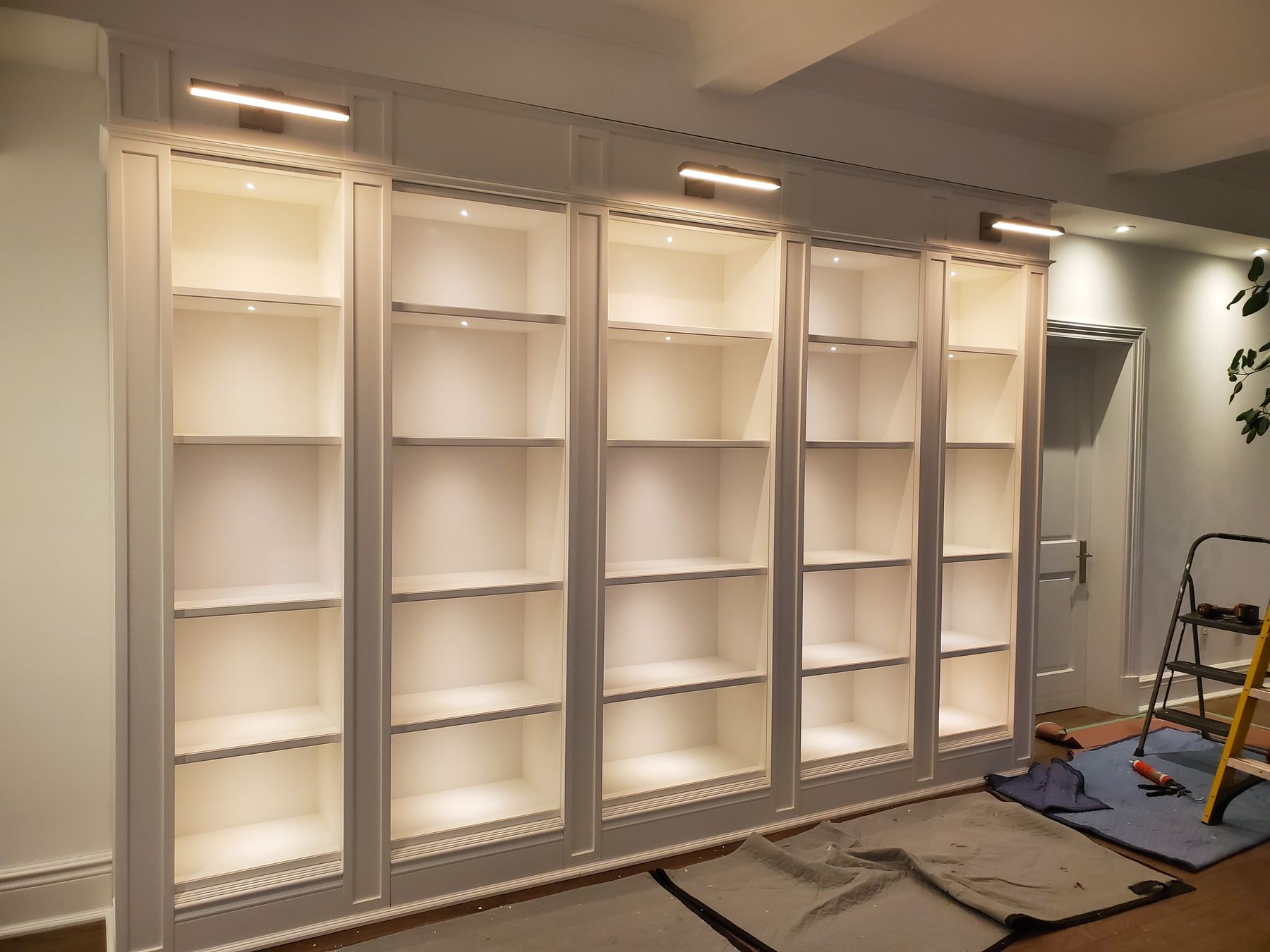 Library wall, Glass-front cabinets with integrated lighting