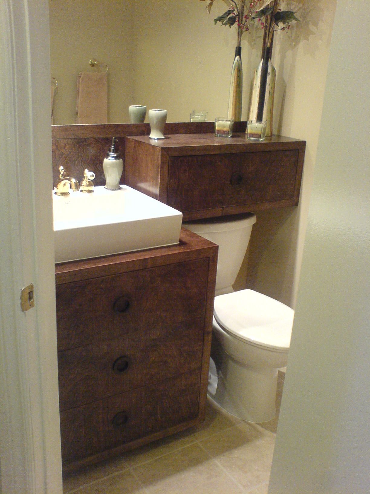 Powder room, Burl-fronted vanity and tank cabinet