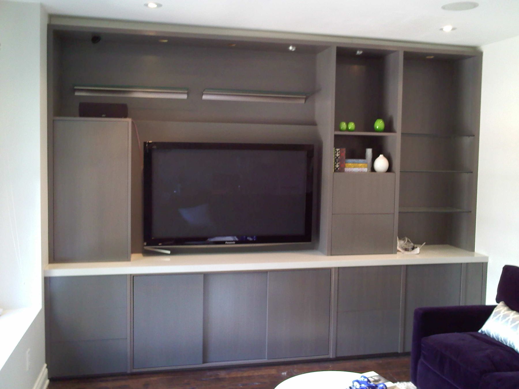 Wall unit, Media wall with TV recess, side shelving and base cabinets